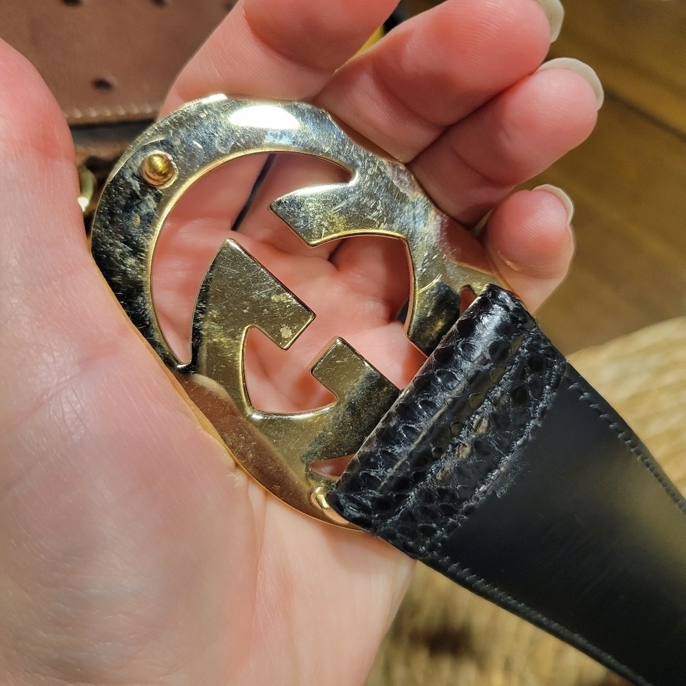 Vintage GUCCI Black Python Snake Leather Belt Gold Buckle GG Size 85 - Picture 3 of 12